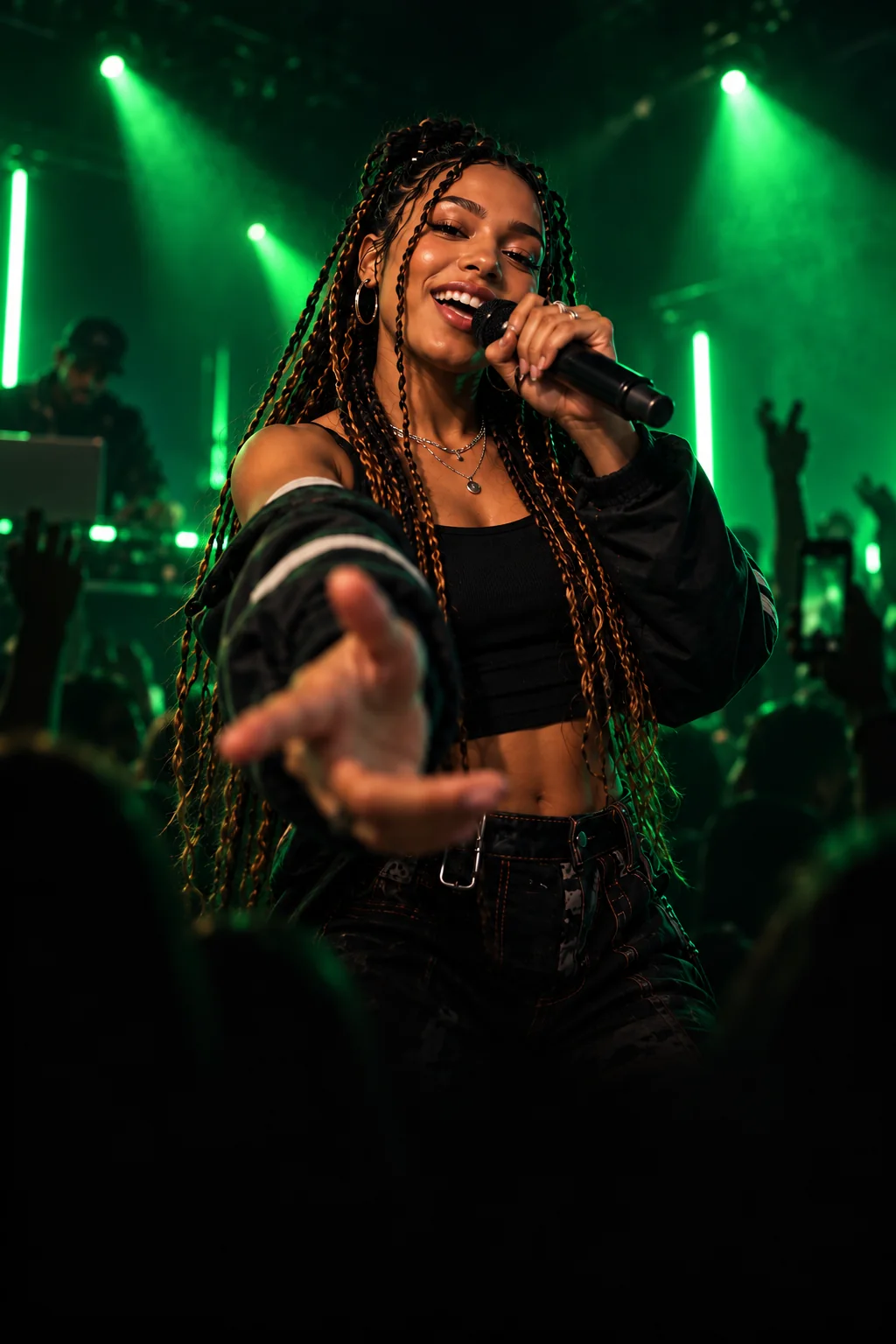 A singer sharing a moment on a green-lit stage